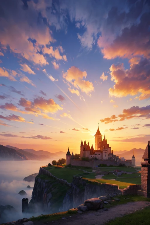 make a background image for a medieval video game with a village and a castle in the background at the time of sunrise