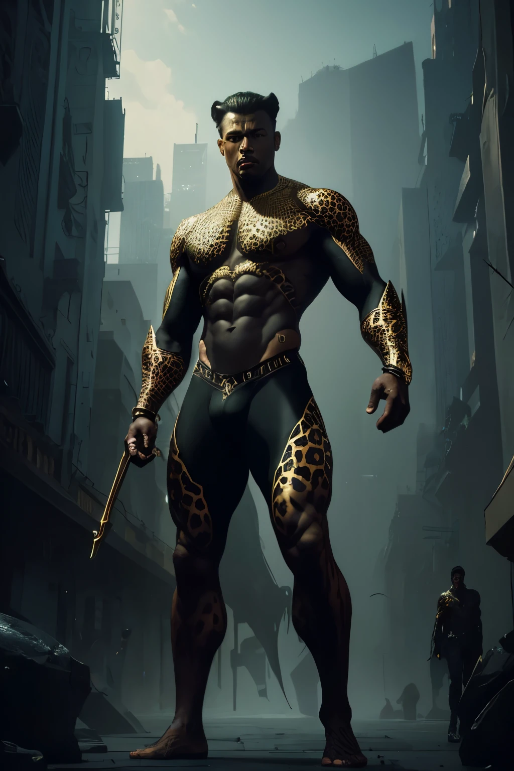 Full body sexy and seductive muscular men leopard black, sf, intricate artwork masterpiece, ominous, matte painting movie poster, golden ratio, trending on cgsociety, intricate, epic, trending on artstation, by artgerm, h. r. giger and beksinski, highly detailed, vibrant, production cinematic character render, ultra high quality model, full body