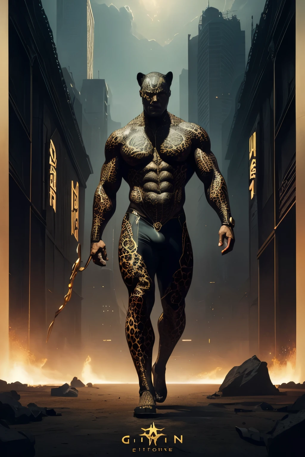 Full body sexy and seductive muscular men leopard black, sf, intricate artwork masterpiece, ominous, matte painting movie poster, golden ratio, trending on cgsociety, intricate, epic, trending on artstation, by artgerm, h. r. giger and beksinski, highly detailed, vibrant, production cinematic character render, ultra high quality model, full body