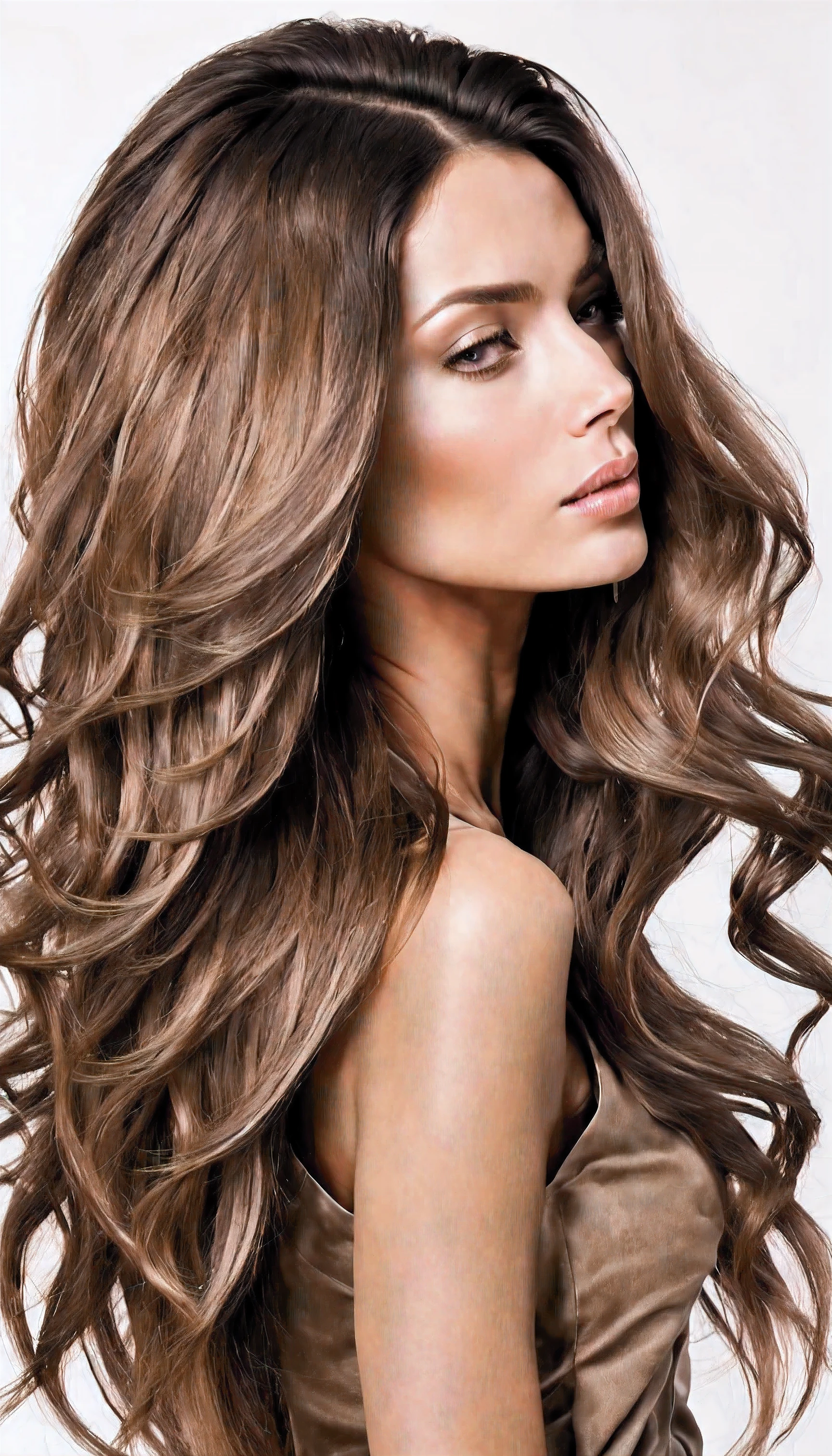 closeup shot from behind photograph of a tall high fashion supermodel for a beauty magazine cover. shes wearing natural earth tones colors attire for a hair salon advertisement. she has extra large big voluminous shiny bouncy long hair .(beautiful hair:1.3) (hair photography:1.3) neutral white background casual