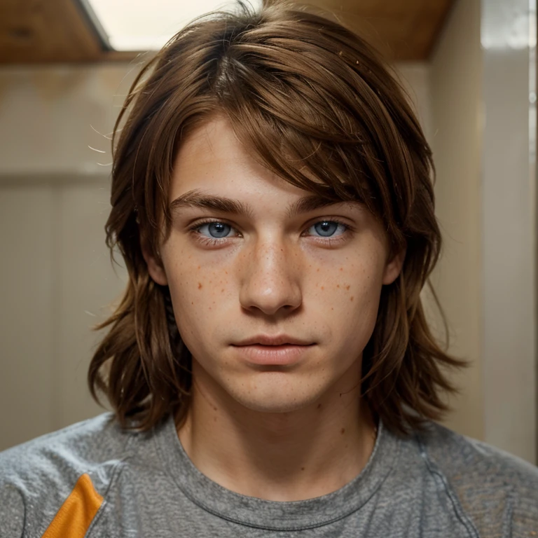 r guy, fluffy and unruly autumn orange brown hair with light brown highlights that shimmer gold, hard cold blue eyes, freckles, with a small roundish birthmark by the corner of his right eye, defined jawline, guy, ultra detailed