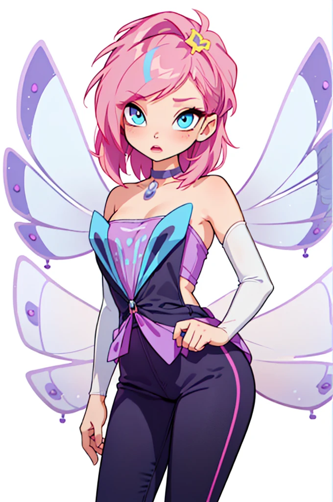 (Flowed:1.5), (fairy wings), pink hair, Blue eyes, short hair, purple outfit, (solid White background, White background:1.5), (Realistic:1.2), (masterpiece:1.2), (full body shot:1),(cowboy shot:1.2), neon lighting, dark romantic lighting, (very detailed:1.2),(Detailed face:1.2), (gradients), Colorful, Detailed eyes, (daylight:1.2), One  