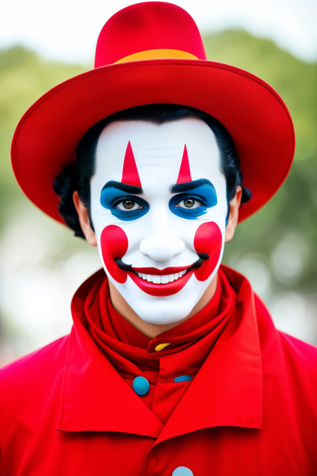 Foto RAW en secuencia, una imagen de un payaso presentador de noticias en YouTube, ((caras sonriente y expresiva)), vestido con trajes circo, detalles faciales claros, planos de fondo detallados pocos desfocados, natural lighting, HDR, imagen realista, profesional, manteniendo el contacto con el espectador, graphic visual, fotorrealista, coqueto, piel natural, 4k UHD, alta calidad, efecto granulado, Nikon D850