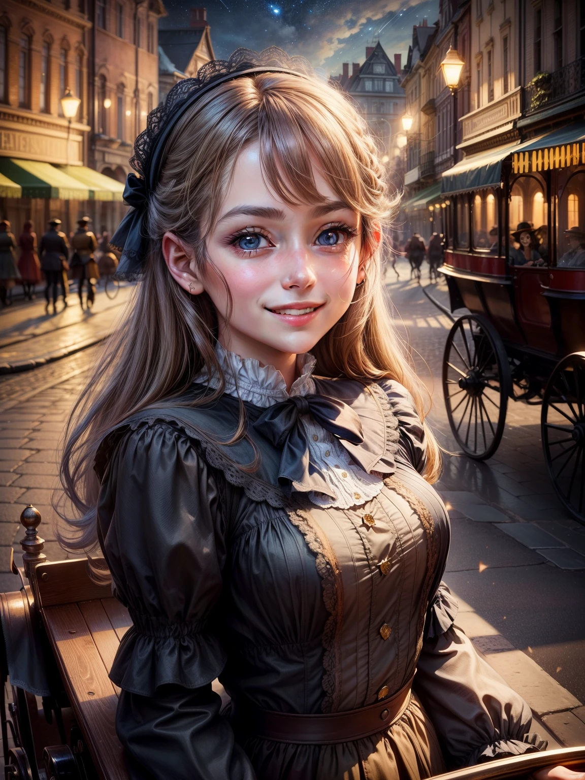 (masterpiece), best quality, expressive eyes, perfect face,a girl smiles towards the camera in a wonderful sunny day. her smile is cheerful but contained and reserved, Victorian era posing in front of a period building, night, street lights, people along the road, horse-drawn carriages, romantic atmosphere, sky with various nocturnal colors and stars.
