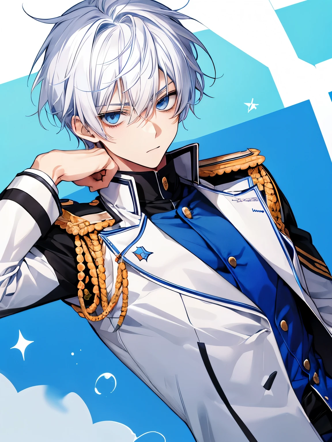young male teenager, blue eyes, white hair, uniform, academy cool, staring boredly