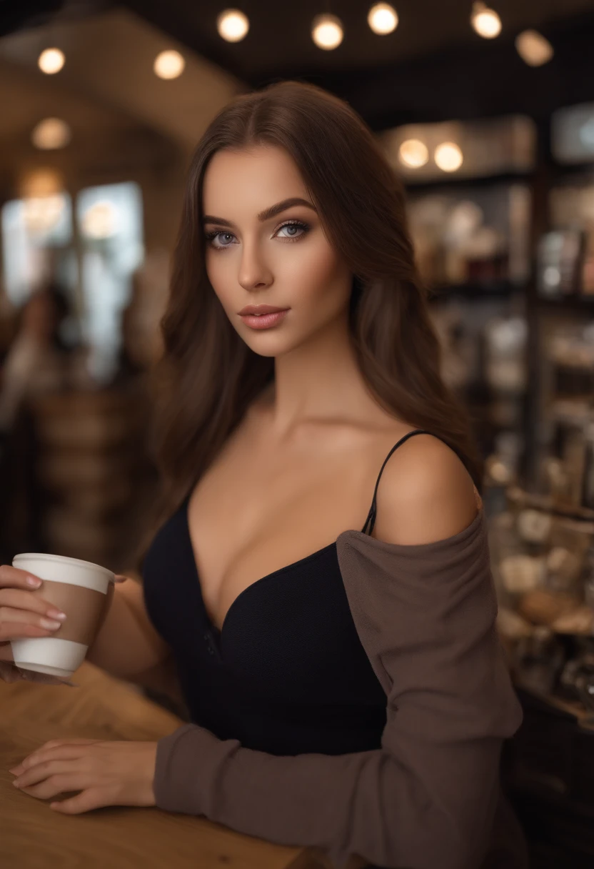 english woman fully , sexy girl with brown eyes, ultra realistic, meticulously detailed, portrait sophie mudd, brown hair and large eyes, selfie of a young woman, at the shops, violet myers, without makeup, natural makeup, looking directly at the camera, face with artgram, subtle makeup, medium to large size bust breasts out, selfie, nude, 32d bust, coffee shop