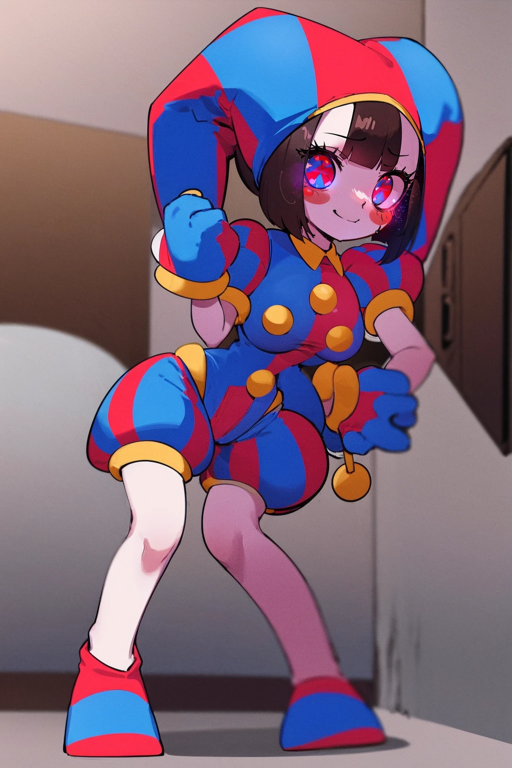 1girl, solo, indoors, full body, standing, smile, pomni, multicolored clothes, jester cap, puffy short sleeves, gloves, buttons, colored skin, symbol-shaped pupils, red eyes, blue eyes, huge breast, curvy, large pants, flipflops