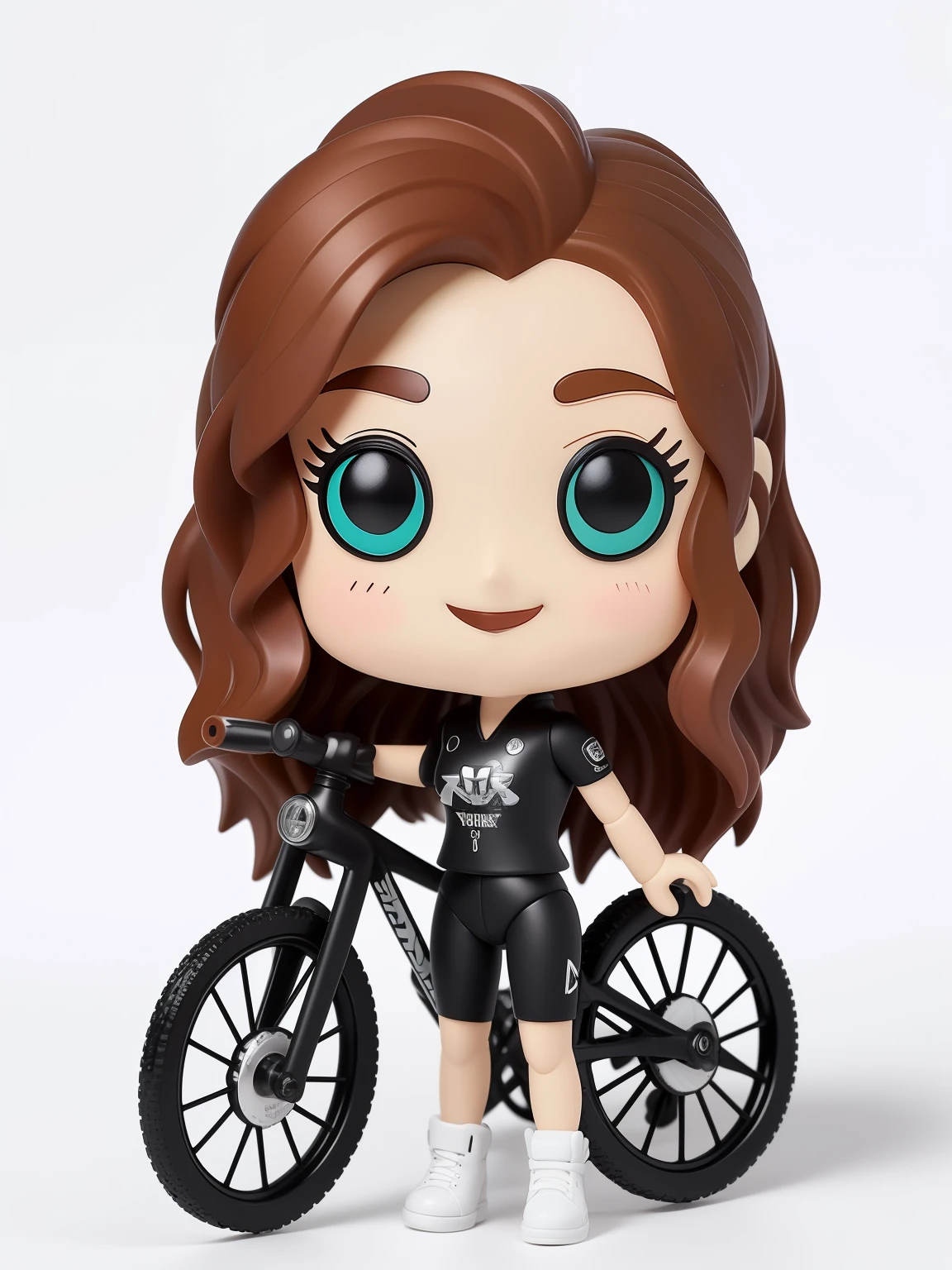 um close de uma pessoa com uma bicicleta em um fundo branco, style as nendoroid, nendoroid 3 d, anda de bicicleta, promotional rendering, sem gradientes, personagem altamente detalhado, em estilo cartoon, nendoroid, nendoroid, como um funko pop de corpo inteiro!, April rendering, como um funko pop!