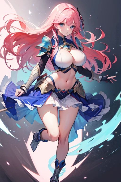 Masterpiece, Top Quality, Very Beautiful Girl, Beautiful Face and Eyes, Beautiful Hair, Solo, 1 Woman, Full Body Drawing, Dynamic Angle, (Armor: 1), pink Hair, Long Hair, Navel Out, Skirt, Perfect Bust, Taut Breasts, Amazing Bust, Huge Breasts, Tall, blue eyes