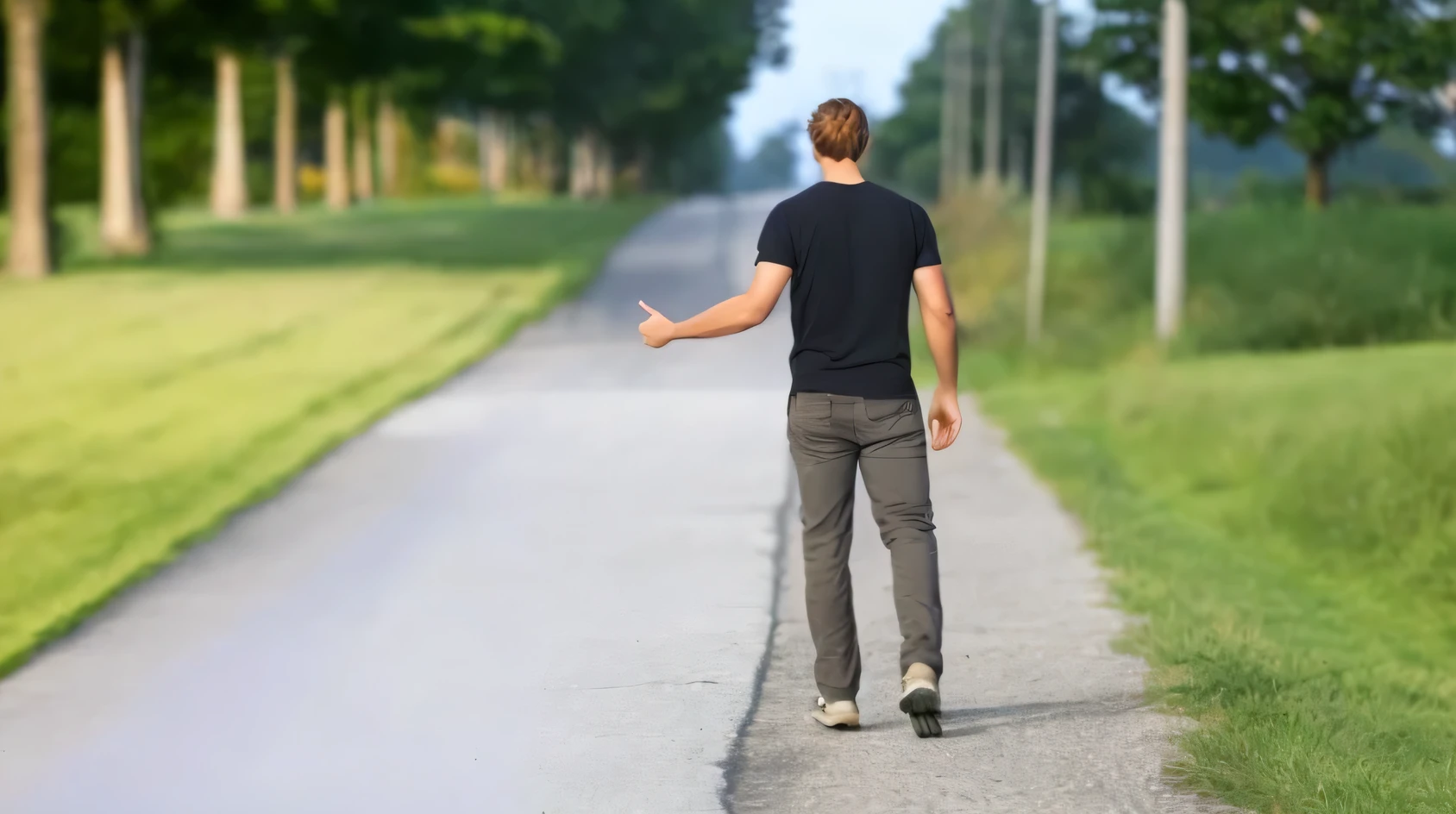 there is a man that is walking down the road with a skateboard, standing in road, walking away from camera, walking away, standing bravely on the road, man walking, walking away from the camera, standing in street, lonely human walking, walking down a street, on a road, walking confidently, wearing pants and a t-shirt, walking towards you