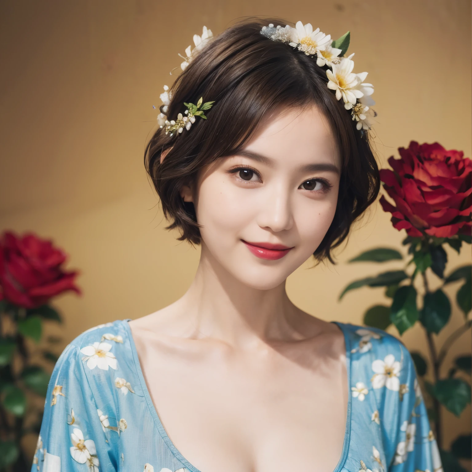 148
(20 year old woman,Floral costume), (surreal), (High resolution), ((beautiful hairstyle 46)), ((short hair:1.46)), (gentle smile), (breasted:1.1), (lipstick)