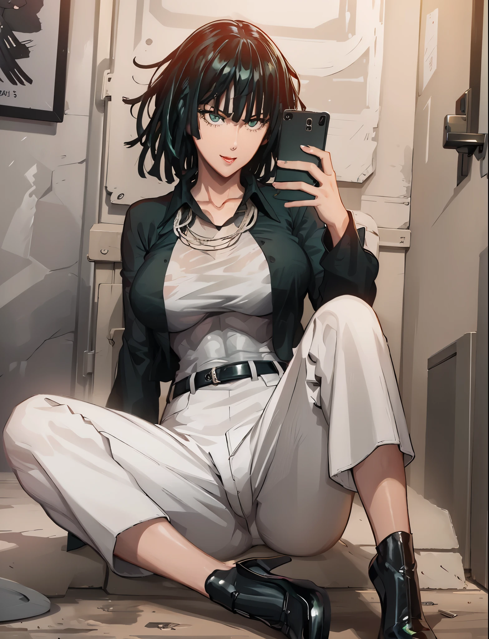 Girl, smile, red lips, big nose, big tits, fair skin, shorts hair, green hair colors, big ass, wearing a necklace, black outer shirt suit colors, white underwear suit colors, wear a belt, wear a belt, black belt colors, white long pants colors, black shoe colors, sexy body, sexy girl, beautiful girl, in room, sexy pose, Sit down pose, holding a cell phone pose, gaze looking at the camera, realistic