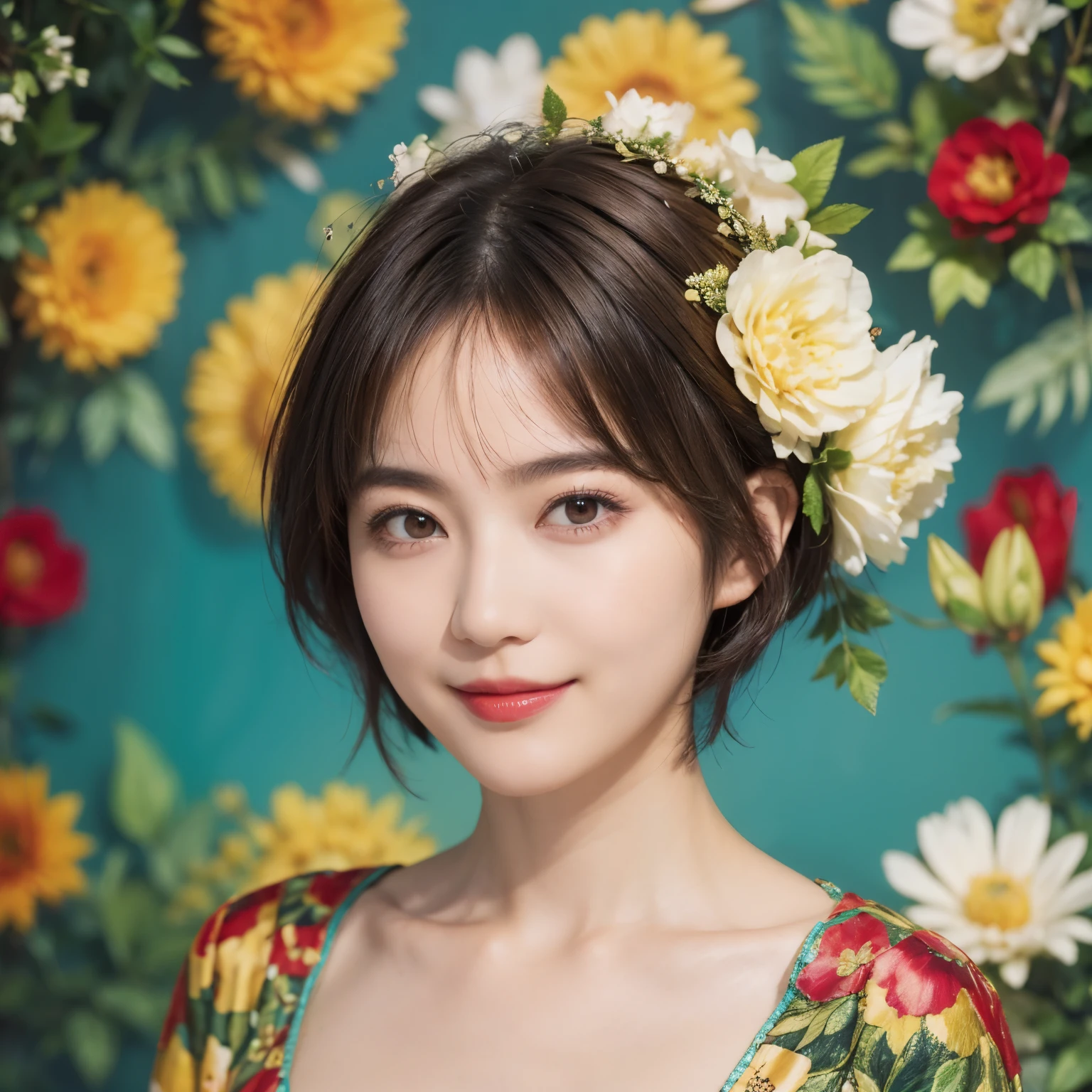 148
(20 year old woman,Floral costume), (surreal), (High resolution), ((beautiful hairstyle 46)), ((short hair:1.46)), (gentle smile), (breasted:1.1), (lipstick)
