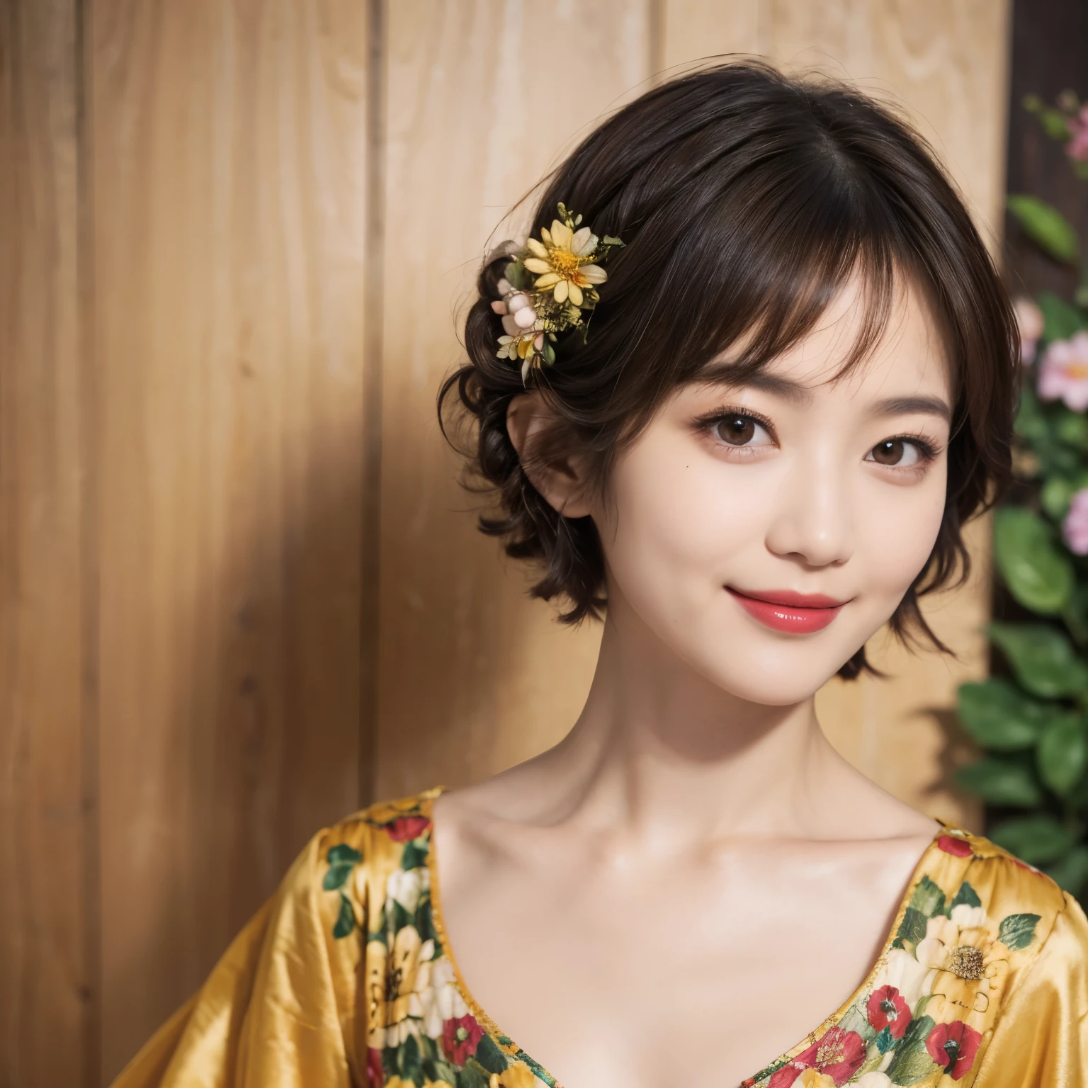 148
(20 year old woman,Floral costume), (surreal), (High resolution), ((beautiful hairstyle 46)), ((short hair:1.46)), (gentle smile), (breasted:1.1), (lipstick)