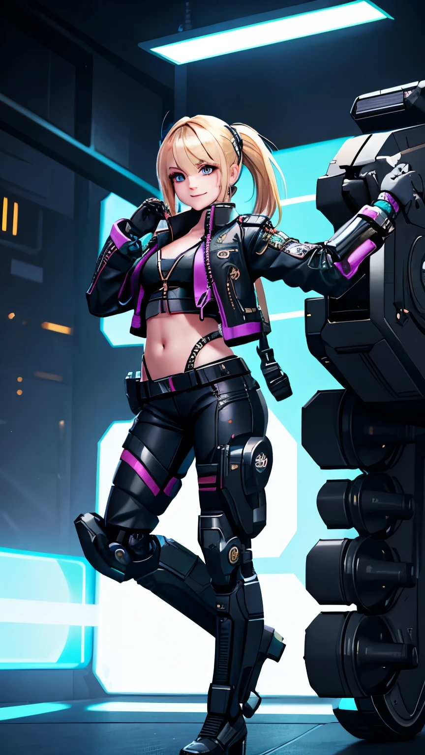 ultra definition, young girl, cyberpunk style clothing, blonde, dashing smile, jacket with neon lights, cybernetic arm, feminine pose, posing on a pile of money, holding a machine gun, cyberpunk background, full body focus.