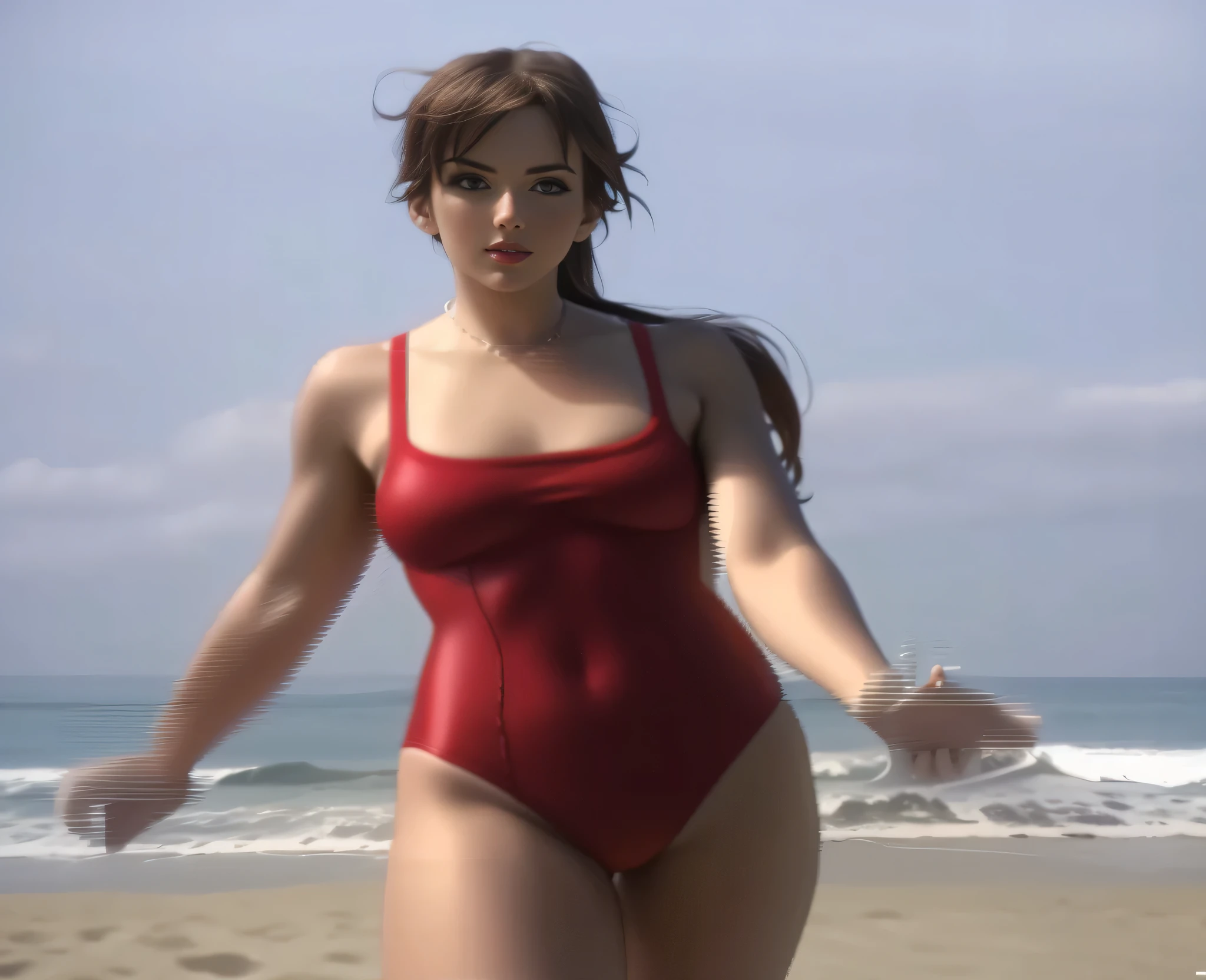 there is a woman in a red swimsuit on the beach, in a retro swimsuit, she is wearing a swimsuit, swimsuit model, swimsuit, beautiful girl wearing a jumpsuit, wearing a spandex bikini, asuka as a surfer model, 30s, masterpiece, high quality, high resolution, 8k.