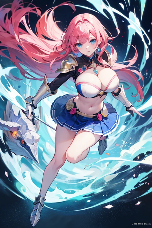 Masterpiece, Top Quality, Very Beautiful Girl, Beautiful Face and Eyes, Beautiful Hair, Solo, 1 Woman, Full Body Drawing, Dynamic Angle, (Armor: 1), pink Hair, Long Hair, Navel Out, Skirt, Perfect Bust, Taut Breasts, Amazing Bust, Huge Breasts, Tall, blue eyes