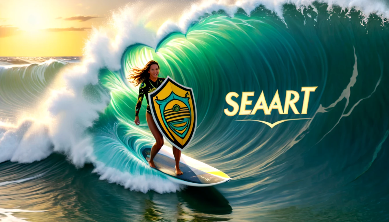 A woman surfs a giant wave, she makes a turn on the wave in such a way that we see the shield that has her surfboard on the back, on the ((shield there is a text that says, "seaart.")) sun, waves, risk, 360 degrees, surf, beach, exciting,(best quality, highres), [warrior], [(black and gold colors:0.9)], [(intricate patterns:0.9)], [(divine power:0.9)], [(ancient Egyptian symbols:0.9)], [(mystical aura:0.9)], [(shimmering gold accents:0.9)], [(fierce warriors:0.9)], [(sacred geometry:0.9)], [origami], [zentangle], [(on the battlefield:0.9)], [(epic:0.9)], [(ancestral:0.9)].
