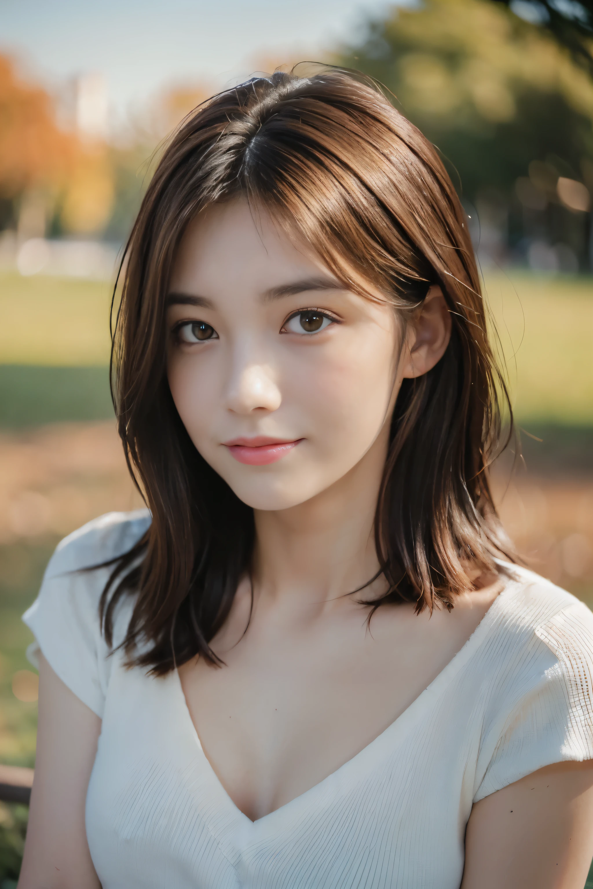 highest quality, 8K, High resolution, full color, 1 girl, woman, 20 years old woman, (closed mouth:1.73), (skin dents), dawn, ((park background:1.52)), full color, looking at the viewer:1.8, (1 girl eyes looking at the viewer:1.55), (medium hair, brown hair, parted hair:1.45), (Bokeh), naked,