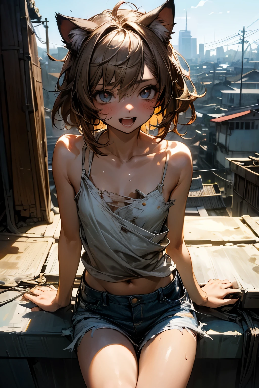 ((Masterpiece)), ((best quality)), 16K, textured skin, cinematic lighting, stooped posture, ((Super detail of beautiful eyes)), Very messy medium hair, (Tattered and torn camisole), Dirty white camisole, exposed small breast, Smile and open mouth, Slender small breasts, 1girl, sweaty, put on Cat ears, Pale brown hair, Cute Beautiful Girl age girl, Sit on the rooftop, Slum townscape, sunny day