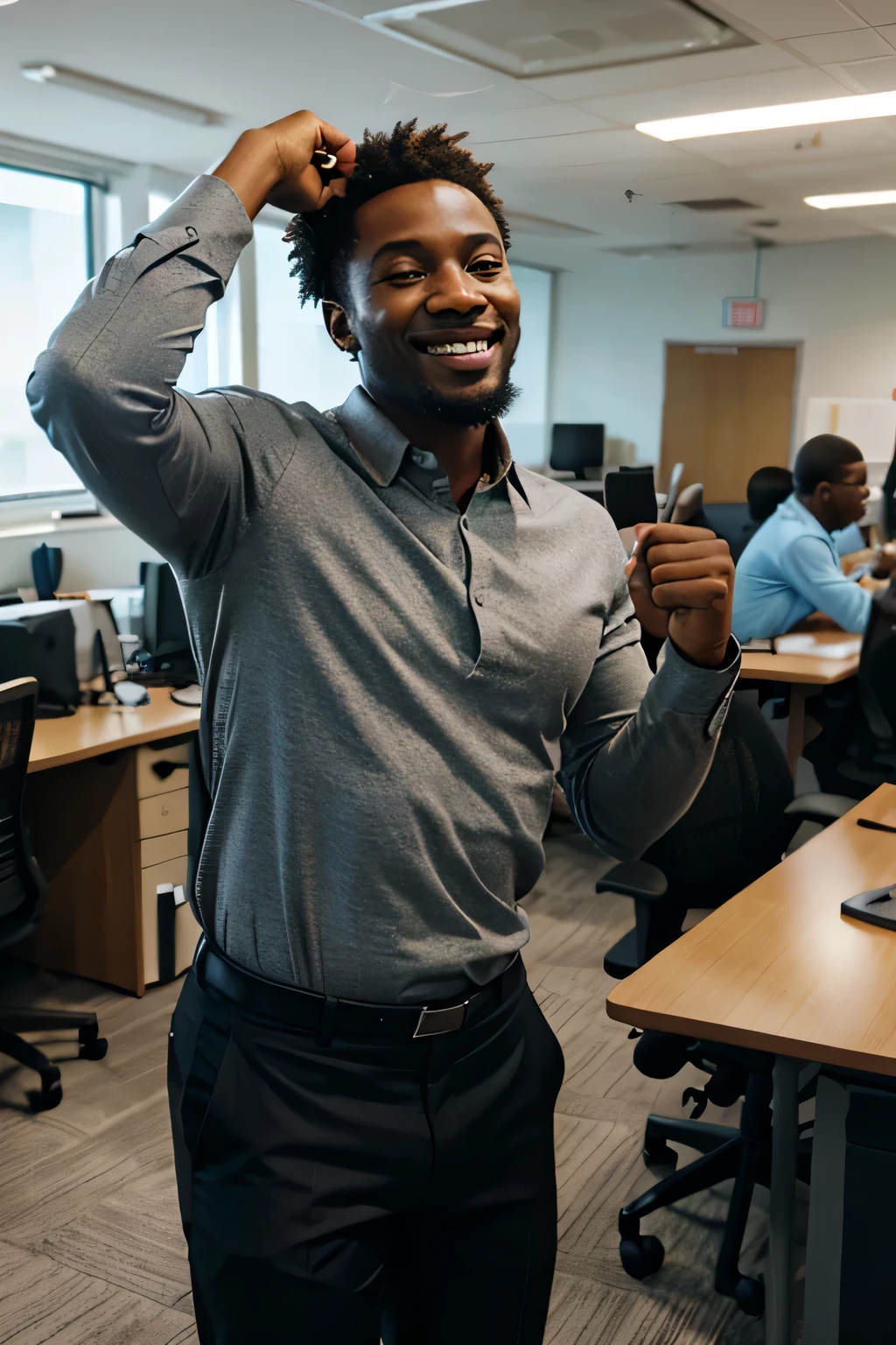 black man in an office celebrating news received on his phone