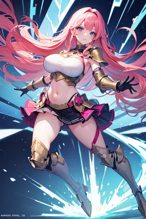 Masterpiece, Top Quality, Very Beautiful Girl, Beautiful Face and Eyes, Beautiful Hair, Solo, 1 Woman, Full Body Drawing, Dynamic Angle, (Armor: 1), pink Hair, Long Hair, Navel Out, Skirt, Perfect Bust, Taut Breasts, Amazing Bust, Huge Breasts, Tall, blue eyes