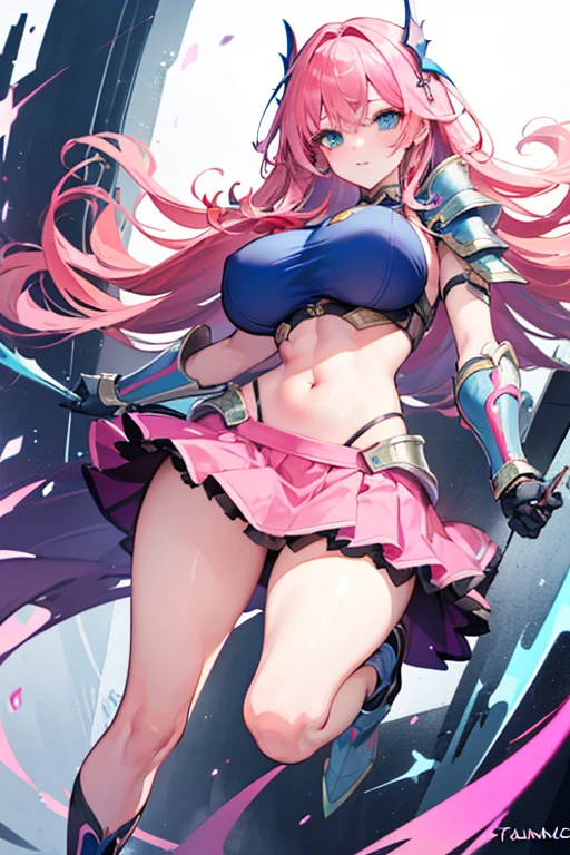 Masterpiece, Top Quality, Very Beautiful Girl, Beautiful Face and Eyes, Beautiful Hair, Solo, 1 Woman, Full Body Drawing, Dynamic Angle, (Armor: 1), pink Hair, Long Hair, Navel Out, Skirt, Perfect Bust, Taut Breasts, Amazing Bust, Huge Breasts, Tall, blue eyes