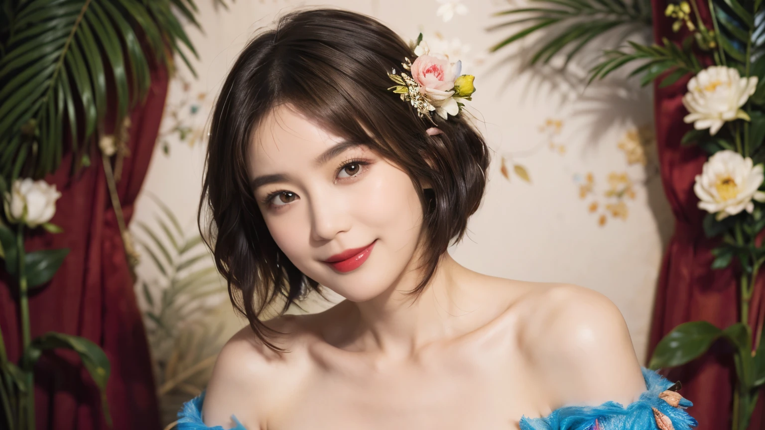 148
(20 year old woman,Floral costume), (surreal), (High resolution), ((beautiful hairstyle 46)), ((short hair:1.46)), (gentle smile), (breasted:1.1), (lipstick)
