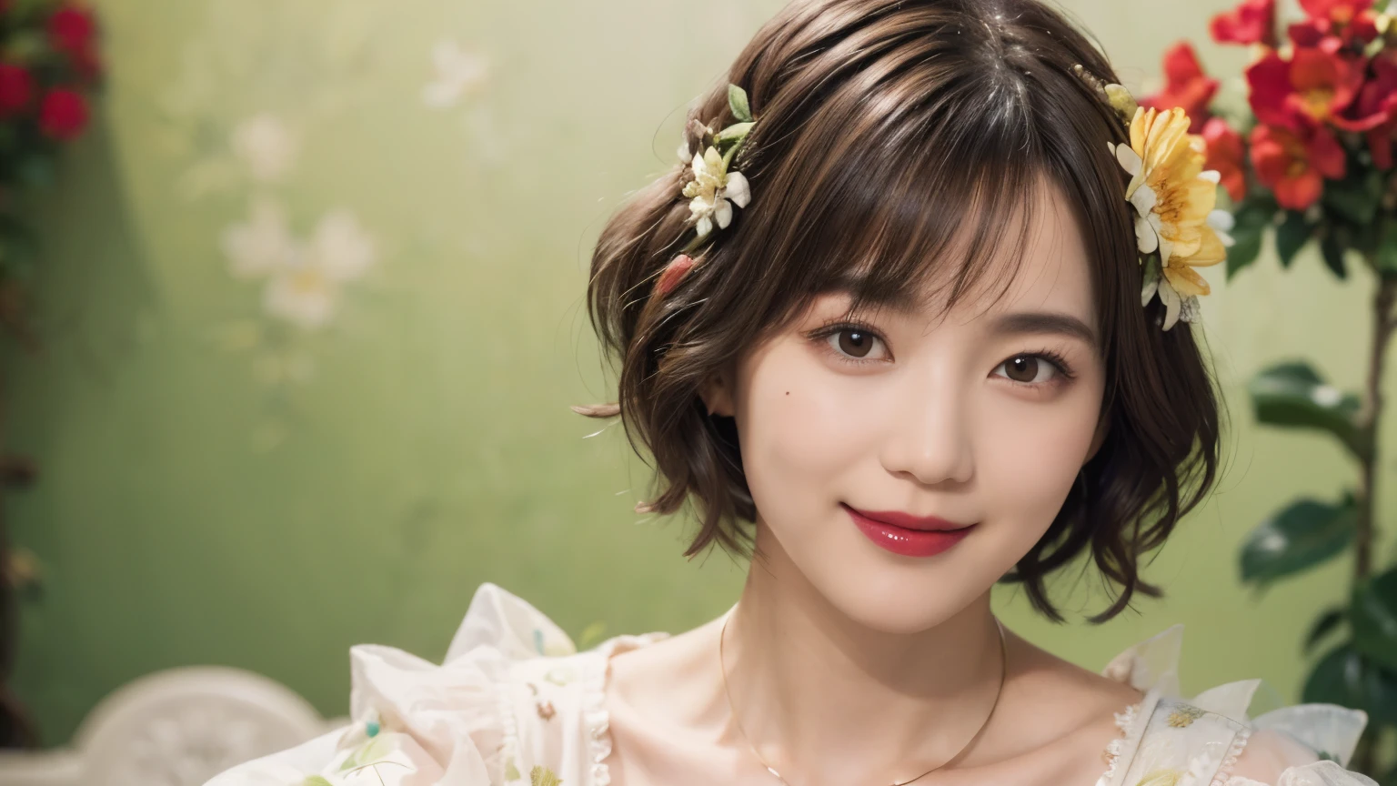 148
(20 year old woman,Floral costume), (surreal), (High resolution), ((beautiful hairstyle 46)), ((short hair:1.46)), (gentle smile), (breasted:1.1), (lipstick)
