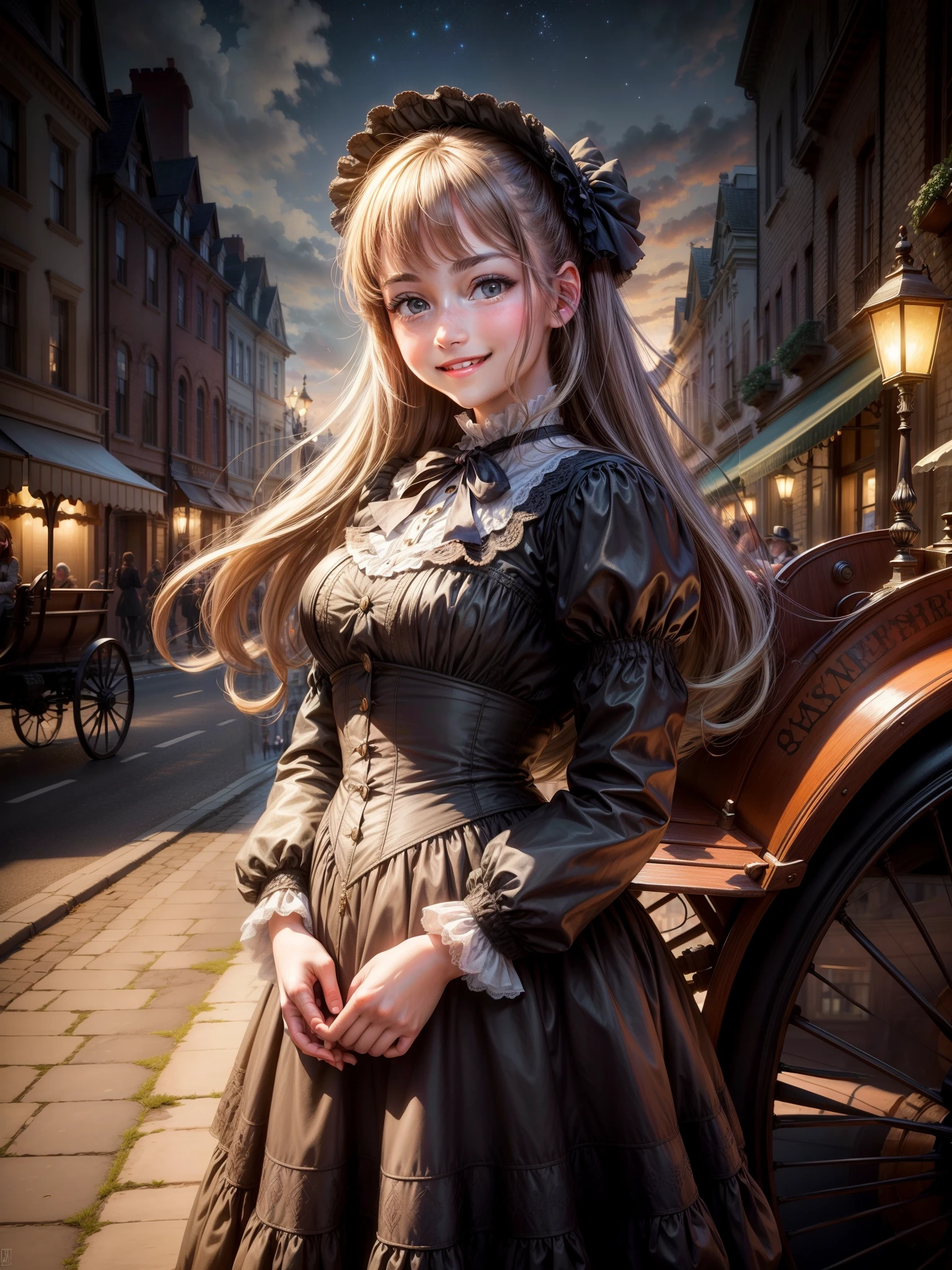 (masterpiece), best quality, expressive eyes, perfect face,a girl smiles towards the camera in a wonderful sunny day. her smile is cheerful but contained and reserved, Victorian era posing in front of a period building, night, street lights, people along the road, horse-drawn carriages, romantic atmosphere, sky with various nocturnal colors and stars.
