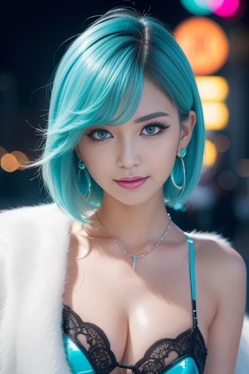 female idol、nude lip gloss、smiling face、smoky eyeshadow、winged eyeliner、defined brows、dramatic lashes、(((face closeup)))、shiny very large earrings(neon cyan)、shiny very large necklace(neon cyan)、(shiny glossy latex brazilian string bra(neon cyan))、(shiny glossy latex brazilian string tanga(neon cyan))、clutch(neon cyan)、((colorful short hair(neon cyan)))、long white fluffy fur coat with white fluffy fur(bright white)、conceptual art, High quality, Realistic, extremely detailed CG unified 8k wallpaper, highly detailed, High-definition raw color photos, professional photography, Cinematic Light, Beautiful detailed, Super Detail, high detail, (((Bokeh))), depth of fields, illumination, Neon Street, Super stylish lighting