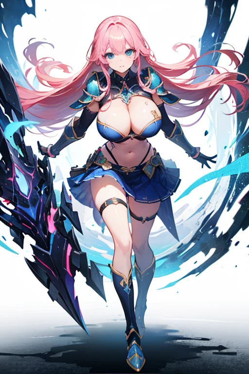 Masterpiece, Top Quality, Very Beautiful Girl, Beautiful Face and Eyes, Beautiful Hair, Solo, 1 Woman, Full Body Drawing, Dynamic Angle, (Armor: 1), pink Hair, Long Hair, Navel Out, Skirt, Perfect Bust, Taut Breasts, Amazing Bust, Huge Breasts, Tall, blue eyes