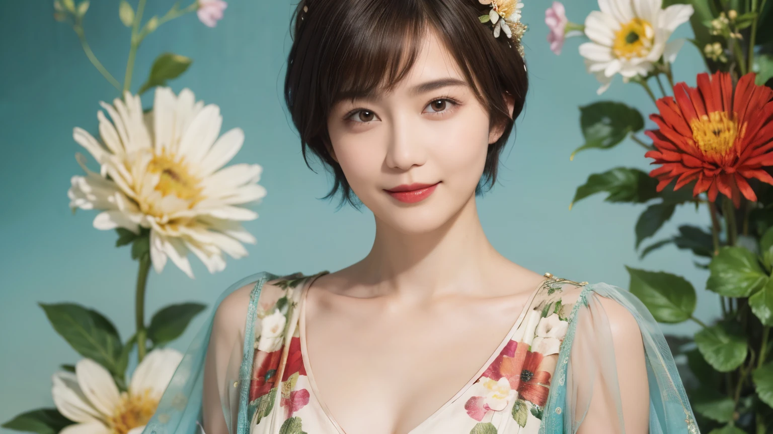148
(20 year old woman,Floral costume), (surreal), (High resolution), ((beautiful hairstyle 46)), ((short hair:1.46)), (gentle smile), (breasted:1.1), (lipstick)