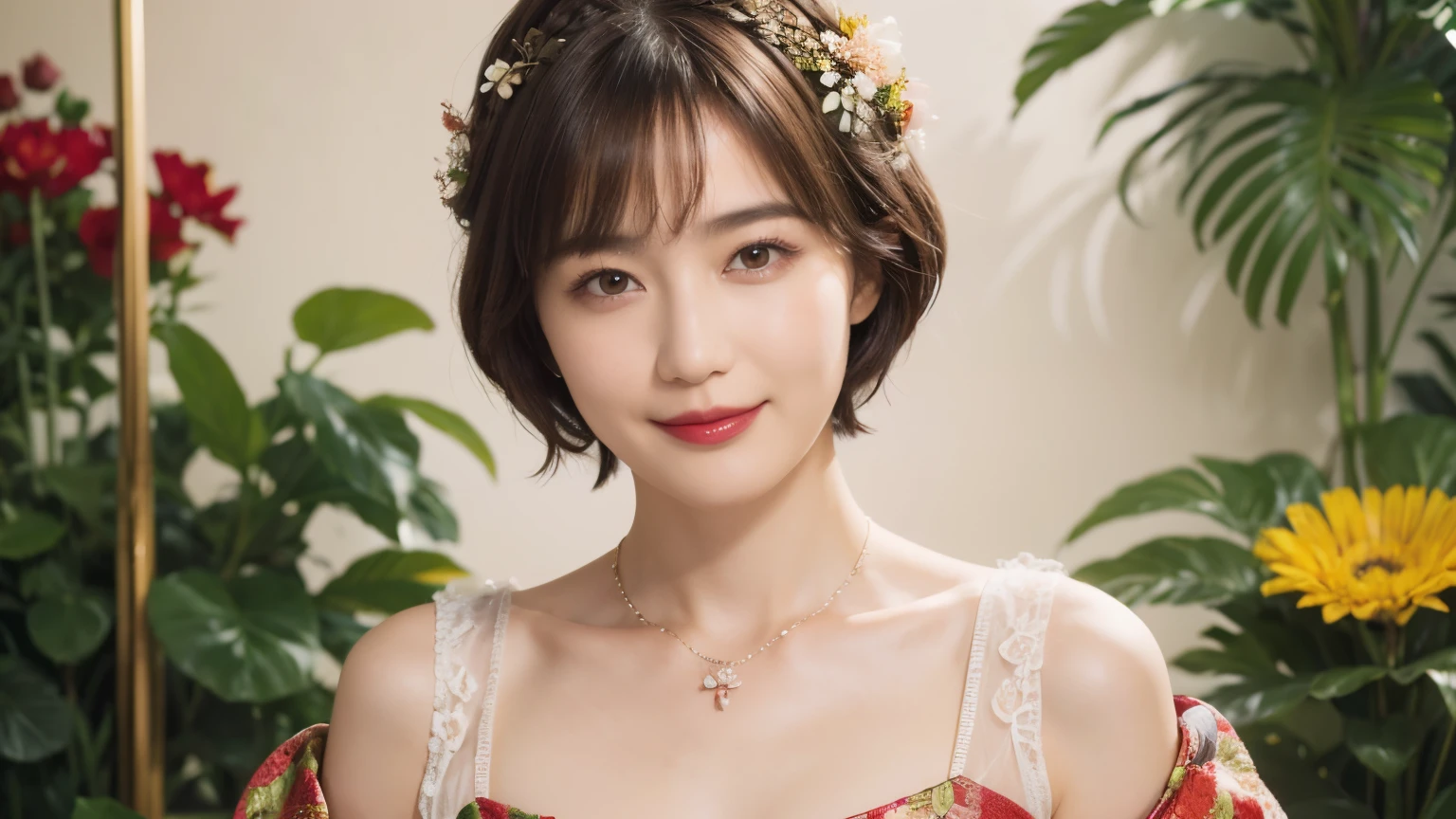 148
(20 year old woman,Floral costume), (surreal), (High resolution), ((beautiful hairstyle 46)), ((short hair:1.46)), (gentle smile), (breasted:1.1), (lipstick)