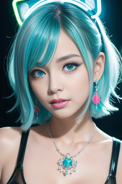 female idol、nude lip gloss、smiling face、smoky eyeshadow、winged eyeliner、defined brows、dramatic lashes、(((face closeup)))、shiny very large earrings（neon cyan)、shiny very large necklace（neon cyan)、(shiny glossy latex brazilian string bra（neon cyan))、(shiny glossy latex brazilian string tanga（neon cyan))、clutch（neon cyan)、((colorful short hair（neon cyan)))、long white fluffy fur coat with white fluffy fur（bright white)、conceptual art, High quality, Realistic, extremely detailed CG unified 8k wallpaper, highly detailed, High-definition raw color photos, professional photography, Cinematic Light, Beautiful detailed, Super Detail, high detail, (((Bokeh))), depth of fields, illumination, Neon Street, Super stylish lighting