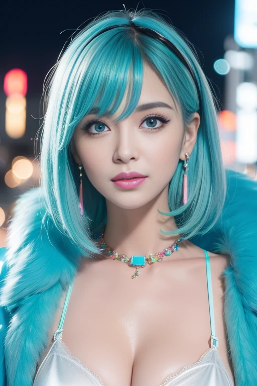female idol、nude lip gloss、smiling face、smoky eyeshadow、winged eyeliner、defined brows、dramatic lashes、(((face closeup)))、shiny very large earrings(neon cyan)、shiny very large necklace(neon cyan)、(shiny glossy latex brazilian string bra(neon cyan))、(shiny glossy latex brazilian string tanga(neon cyan))、clutch(neon cyan)、((colorful short hair(neon cyan)))、long white fluffy fur coat with white fluffy fur(bright white)、conceptual art, High quality, Realistic, extremely detailed CG unified 8k wallpaper, highly detailed, High-definition raw color photos, professional photography, Cinematic Light, Beautiful detailed, Super Detail, high detail, (((Bokeh))), depth of fields, illumination, Neon Street, Super stylish lighting