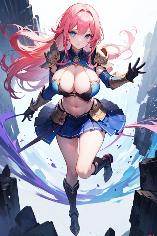 Masterpiece, Top Quality, Very Beautiful Girl, Beautiful Face and Eyes, Beautiful Hair, Solo, 1 Woman, Full Body Drawing, Dynamic Angle, (Armor: 1), pink Hair, Long Hair, Navel Out, Skirt, Perfect Bust, Taut Breasts, Amazing Bust, Huge Breasts, Tall, blue eyes