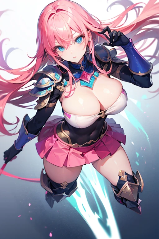 Masterpiece, Top Quality, Very Beautiful Girl, Beautiful Face and Eyes, Beautiful Hair, Solo, 1 Woman, Full Body Drawing, Dynamic Angle, (Armor: 1), pink Hair, Long Hair, Navel Out, Skirt, Perfect Bust, Taut Breasts, Amazing Bust, Huge Breasts, Tall, blue eyes