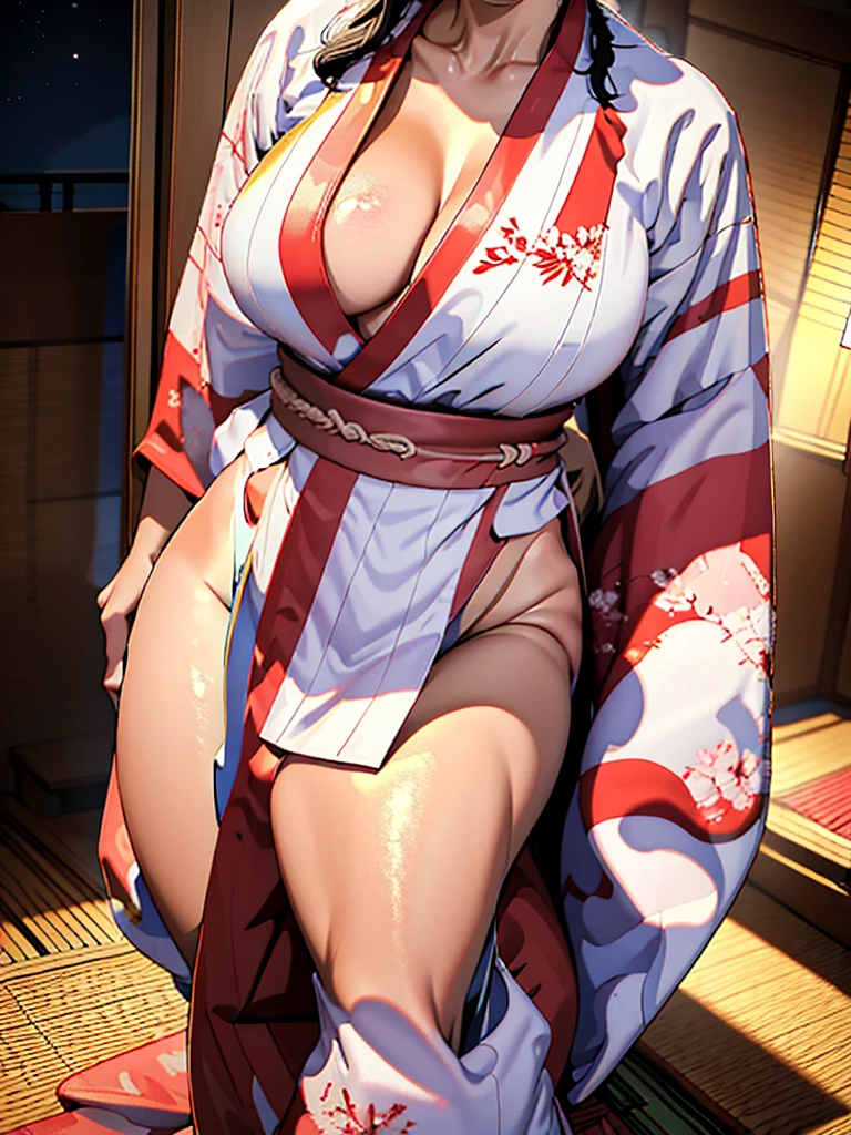 Hot naked woman in a kimono with giant and out in a Japanese house during night