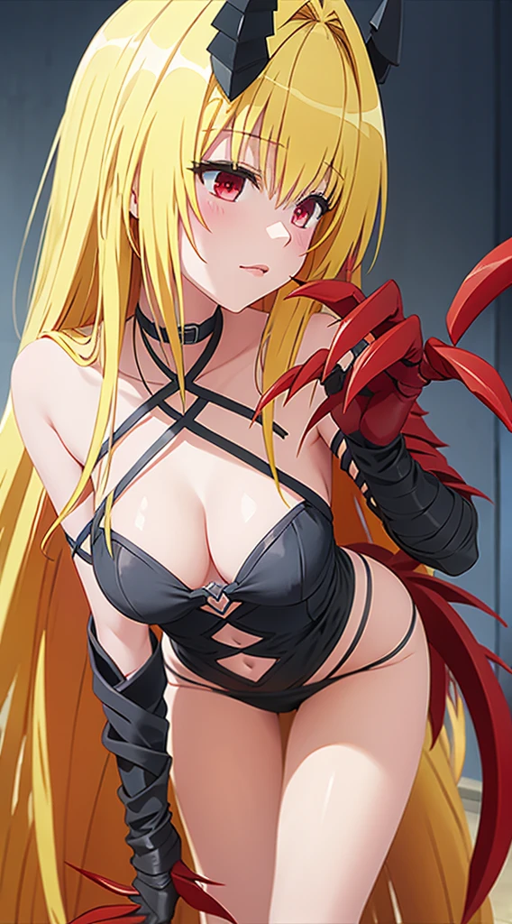 DarknessLora, blonde hair, red eyes, very long hair, horns, claws, choker, hair intakes, loincloth, profile, ((child:1.2)), (lean forward:1.5), ((close-up:1.3))