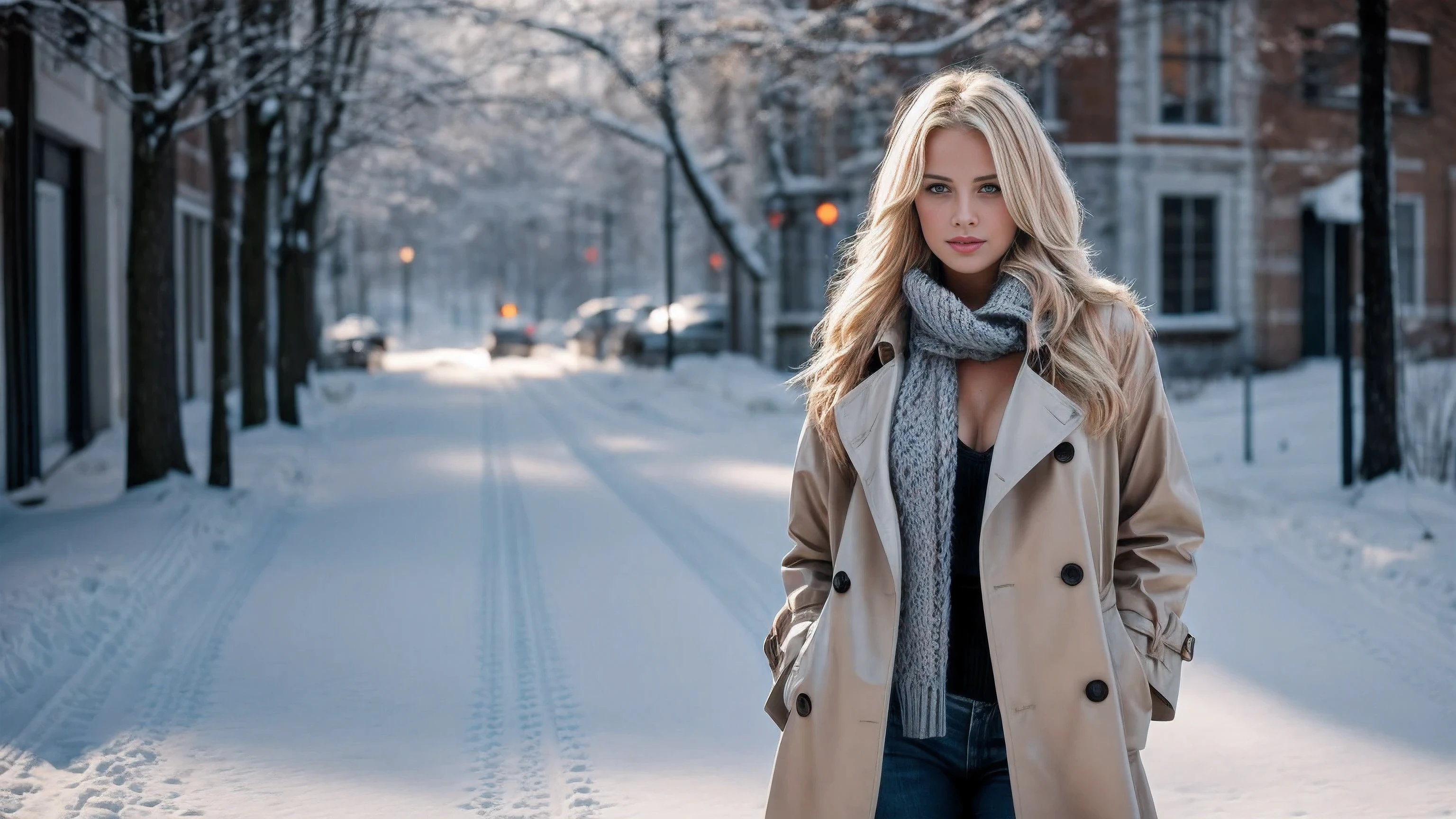 sexy and very beautiful 1woman with wide hips and thick thighs (blonde:1.2) messy:0.9) hair is totally (naked:1.1) when she does a seductive pose on a snowy street full of people looking at her, sunny day UHD., best possible quality, God rays (volumetric:1.1) light, her (hair:1.1) is (flowing:1.1) in the (wind:1.1) shes got a subtle smile and sexy pose wearing a trench coat and BDSM Collar and a knitted scarf. The scene is shot with (Kodakportra800:1.1) (filmgrain:1.1) (Analogcamera:1.1) (85mm:1.1) (carlzeiss:1.1) (planar@f2:1.1)