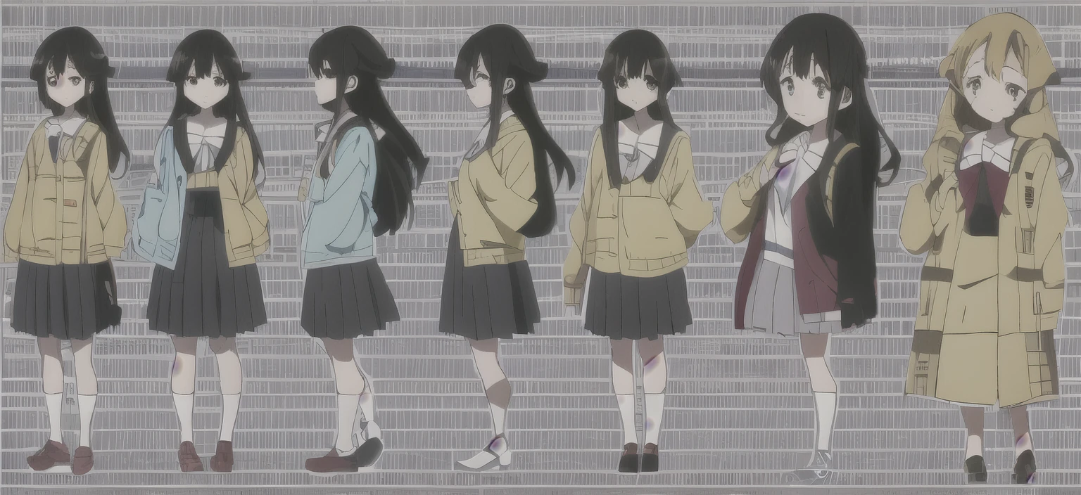 anime character sheet of a girl in with different poses, anime character reference sheet, anime full body illustration, anime moe artstyle, anime set style, anime character design, full body character design, anime concept art, flat anime style, single character full body, anime proportions, full body character drawing, fullbody shot turnaround, anime style character, full body single character,black hair,yellow gold eyes,schoolgirl,long pleated skirt,yellow cardigan