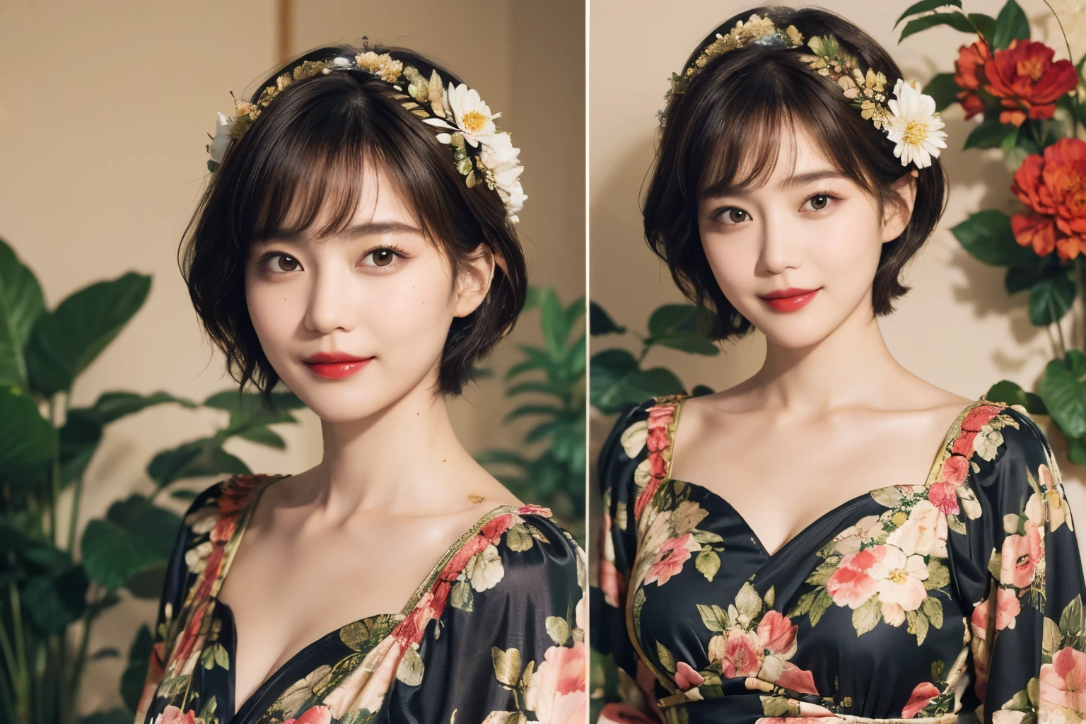 148
(20 year old woman,Floral costume), (surreal), (High resolution), ((beautiful hairstyle 46)), ((short hair:1.46)), (gentle smile), (breasted:1.1), (lipstick)