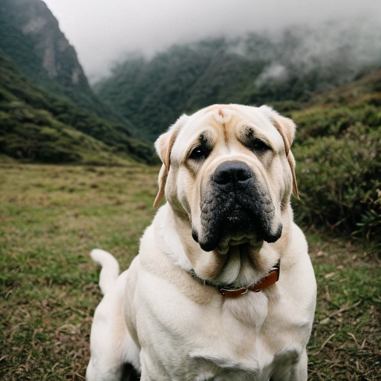 fotografia, Tiberan Mastiff Dog Breed, tronco, Sozinho, wearing pullover, ao ar livre, (noite), montanhas, natureza da vida real, estrelas, Lua, alegre, feliz, sweater, gorro, floresta, pedras, rio, madeira, smoke, Mist, olhando para o espectador, textura dos pelos
, Grain Photo, fechar-se, foto crua