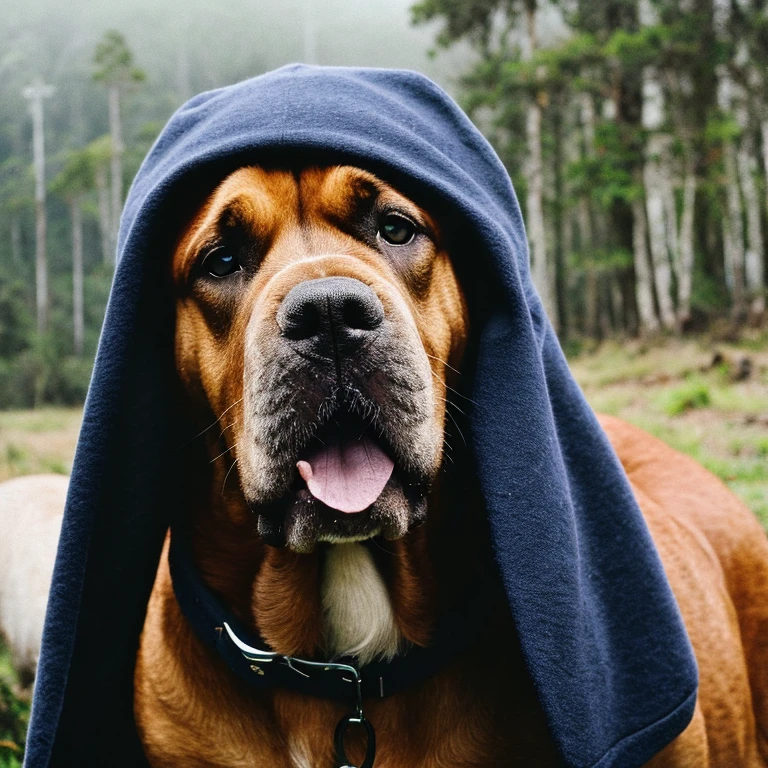 fotografia, Tiberan Mastiff Dog Breed, tronco, Sozinho, wearing pullover, ao ar livre, (noite), montanhas, natureza da vida real, estrelas, Lua, alegre, feliz, sweater, gorro, floresta, pedras, rio, madeira, smoke, Mist, olhando para o espectador, textura dos pelos
, Grain Photo, fechar-se, foto crua