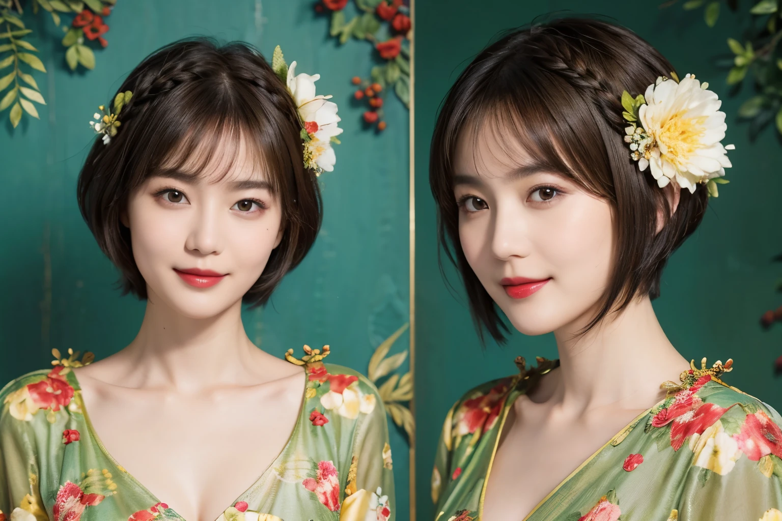 148
(20 year old woman,Floral costume), (surreal), (High resolution), ((beautiful hairstyle 46)), ((short hair:1.46)), (gentle smile), (breasted:1.1), (lipstick)

