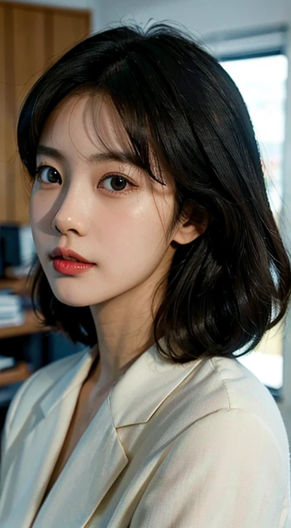 High-res, Realistic portrait of professional korean office lady with perfect skin，Professional suits，Women's suits，stand posture，The upper part of the body，Women in the workplace，Show confidence and maturity, Surrounded by a modern corporate environment, Vibrant and naturally lit highlights. The artwork should emphasize her elegant facial features, Including charming long eyes, Fluttering eyelashes and seductive lips. The scene should be enhanced with elements of professionalism and visual appeal，For example, Stylish work desk, Mainframe computers, High-resolution display, and complex stationery. The overall tone should be warm and professional, Has a soft and natural color palette. The artwork should exude a sense of professionalism, Success, and cultural pride，The background is blurred out
