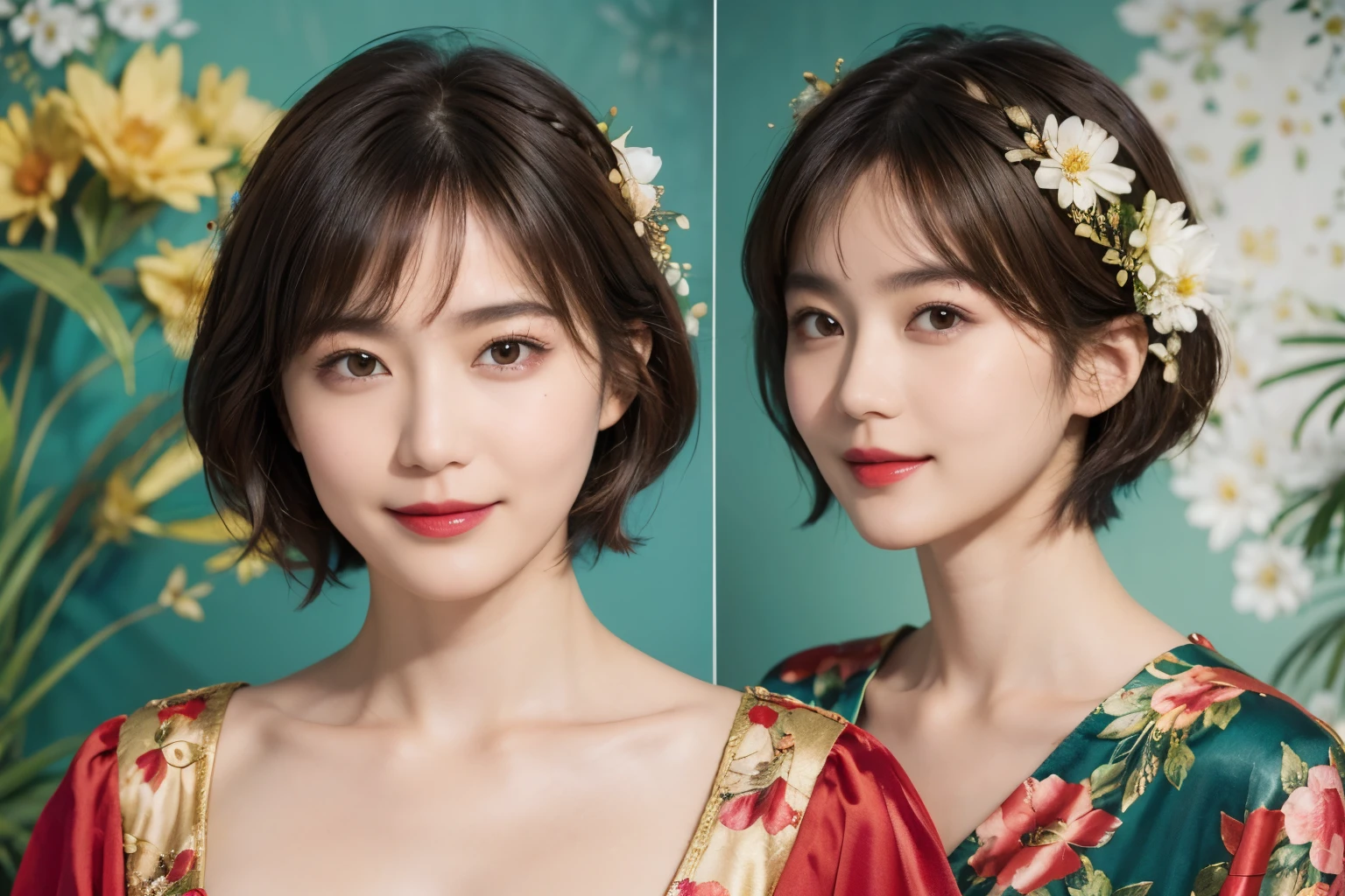 148
(20 year old woman,Floral costume), (surreal), (High resolution), ((beautiful hairstyle 46)), ((short hair:1.46)), (gentle smile), (breasted:1.1), (lipstick)