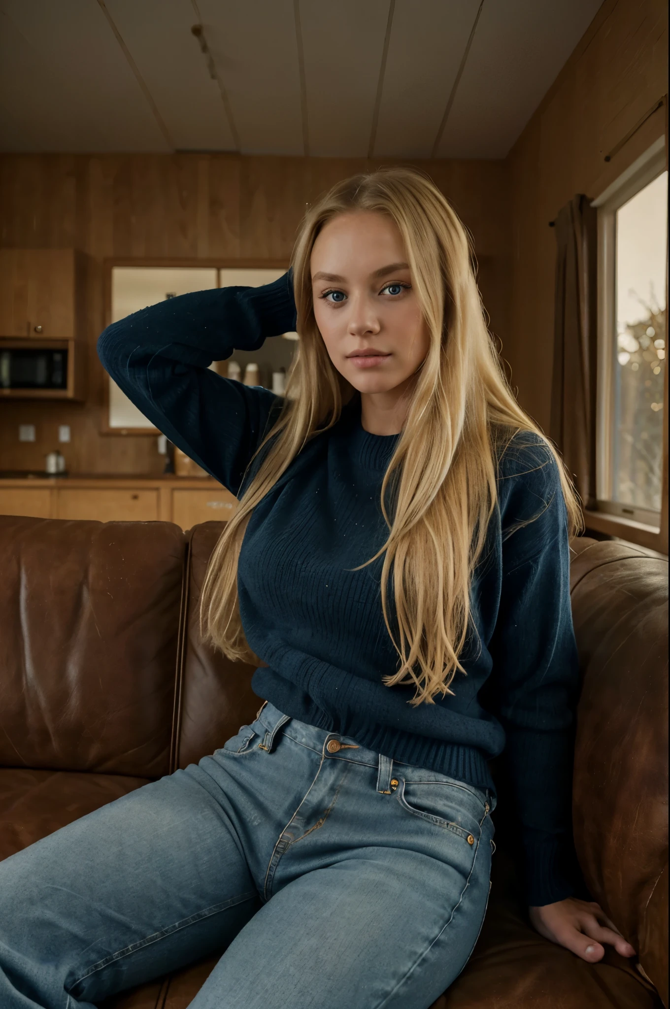1 girl named Sarah long blonde hair, looking at camera, inside a cozy 1960s house, sitting on dark brown leather sofa, instagram model, 80 mm, oversized dark blue sweater, thin jeans,Realism,Raw photo,Photorealism,Portrait