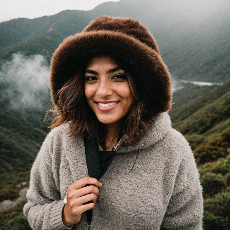fotografia, Cachorro Tibetan Mastiff, Fotografia de Corpo inteiro, Sozinho, wearing pullover, ao ar livre, (noite), montanhas, natureza da vida real, estrelas, Lua, alegre, feliz, sweater, gorro, floresta, pedras, rio, madeira, smoke, Mist, olhando para o espectador, textura dos pelos
, Grain Photo, fechar-se, foto crua